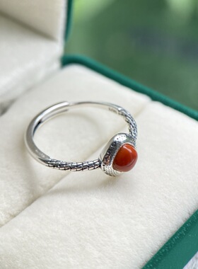 天然川料火焰红南红戒指S925纯银镶嵌原矿真货现货新中式礼物