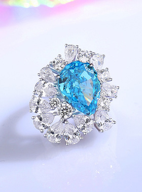 s925纯银粉色高碳钻戒指女欧美水滴冰花切锆石精工高质量指环