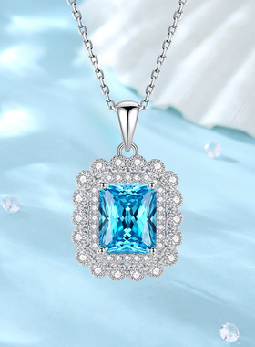 S925纯银冰花切方形项链女轻奢高级气质小众高碳钻黄钻吊坠锁骨链