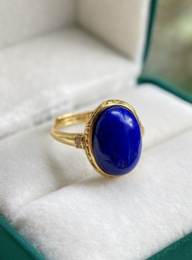 天然青金石蛋面戒指S925纯银镶嵌鸽子蛋女款现货直播高端货源