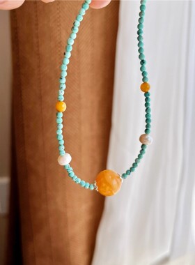 2mm染色绿松baby珠项链复古新中式天然老蜜蜡圆珠锁骨链女