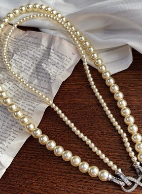 干枯玫瑰色双层施家珍珠项链多种戴法简约大气8字扣毛衣链