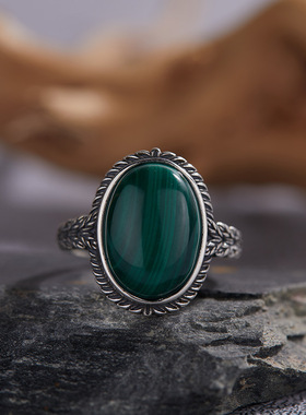 S925纯银镶天然紫龙晶孔雀石彩宝戒指女复古银花纹轻奢直播新款