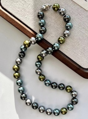 10MM黑蝶皇后大溪地孔雀绿美拉德高光正圆人造水晶珍珠项链锁骨链