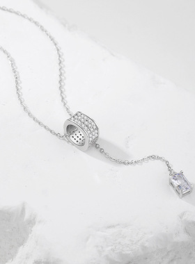 抖音直播货源S925纯银宴会简约气质小蛮腰项链方形流苏锁骨链首饰