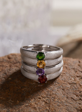 简约高级拉丝小众S925银18K天然鸽血红蓝宝石风生辰石彩宝戒指