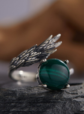 S925纯银天然孔雀石青金白玛瑙彩宝泰银戒指女小众羽毛设计开口戒