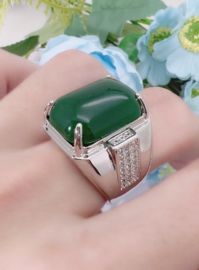 霸气帝王绿玉髓男款方戒指扳指绿玛瑙指环活口可调复古绿玉戒指