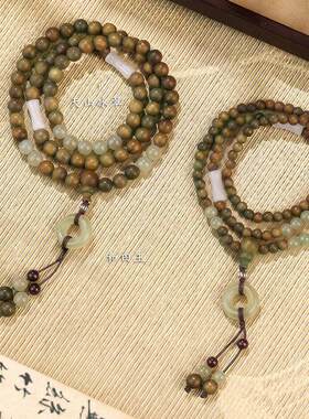 天然和田玉绿檀木马年多圈叠戴手串女款国风半山半水手链送女朋友