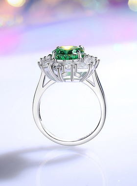 S925纯银祖母绿戒指女高碳钻雷迪恩切冰花切锆石彩色宝石戒指
