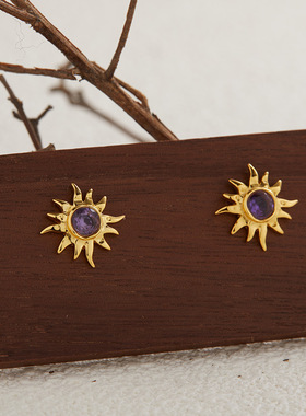 S925纯银天然珍珠紫水晶虎眼碧玉彩宝耳钉女法式复古太阳花耳饰