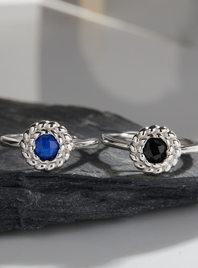 S925纯银天然黑玛瑙青金彩宝戒指女个性麻花绕圆宝石小红书新款