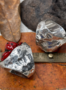 ZA家外贸原单亮银锤打纹镶嵌石头夸张个性小众超质感戒指满25包邮