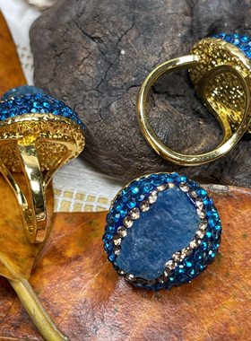 小众轻奢华个性天然原石戒指蓝磷灰镶捷克钻可调食指戒满25包邮