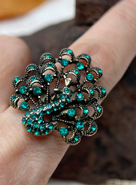 复古做旧戒指女小众设计感高级轻奢食指戒开口可调节孔雀满25包邮