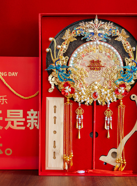 蓝凤戏珠蚕丝扇面结婚礼品