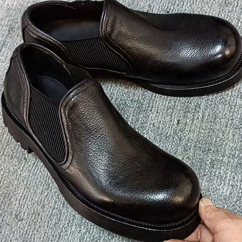 软糯头层鹿皮一脚蹬乐福鞋固特异工艺真皮休闲鞋翘头皮鞋皮根皮底 - 图0