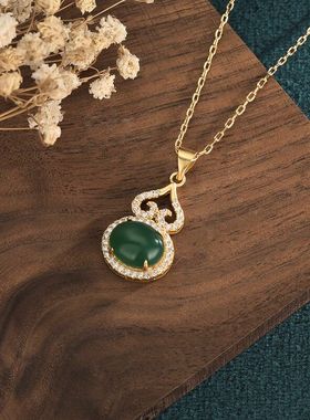 网红直播带货宫廷风设计民族配饰铜镀金吊坠镶嵌天然玉髓葫芦项链