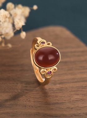 新款创意设计古法金镶嵌红玛瑙戒指气质百搭女士款开口指环批发