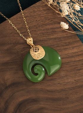 珠宝首饰直播货源铜镀金古风仿和田玉青玉吉祥福气象吊坠锁骨项链