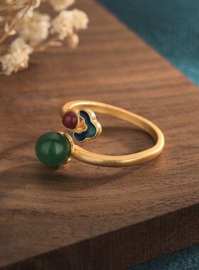 网红带货直播货源古法金民族风珐琅彩烧蓝景泰蓝女款开口玉髓戒指