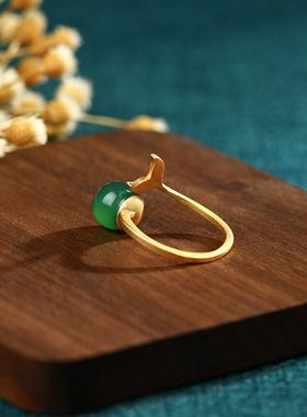 直播间引流福利款人鱼泡沫鱼尾宫廷风镶嵌天然玉髓复古开口戒指女