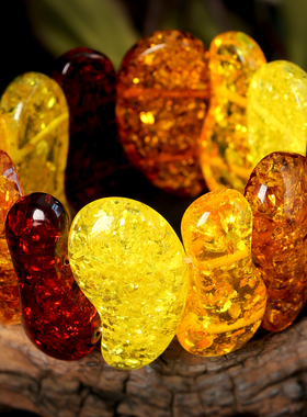 琥珀蜜蜡手链女多彩不规则形状渐变色弹力线手排原创民族风新中式