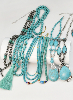 波西米亚绿松石女毛衣链项链饰品