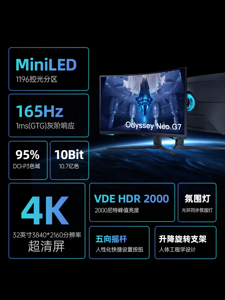 三星32英寸MiniLED显示器4K165HZ电竞曲面电脑升降旋转S32BG750NC - 图0