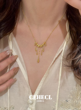 水滴流苏吊坠金色流光瀑布项链女