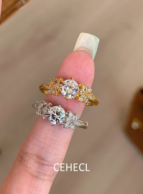 鸽子蛋锆石戒指女闪钻蝴蝶开口戒