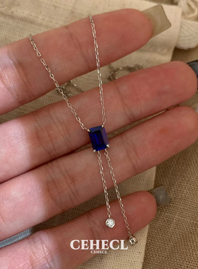 S925银锁骨链女蓝色方糖流苏项链