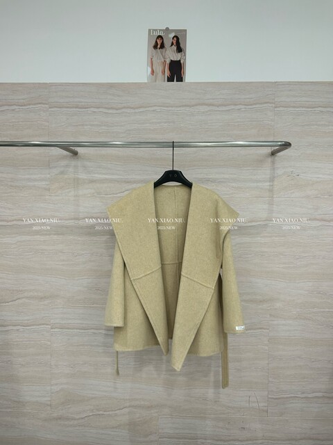 2513-66韩版休闲宽松显瘦大翻领双面羊毛大衣中长款系带毛呢外套