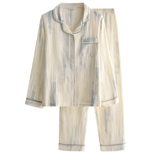 日系蓝幻条纹睡衣女士春秋夏季纯棉纱布薄款长袖开衫家居服套装 - 图3