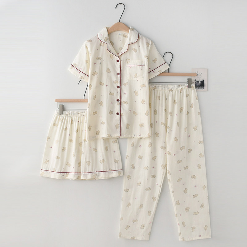 治愈卡通小狗睡衣女夏季纯棉纱布薄款短袖短裤长裤家居服三件套装,淘宝优惠券,粉丝福利购,淘宝优惠卷