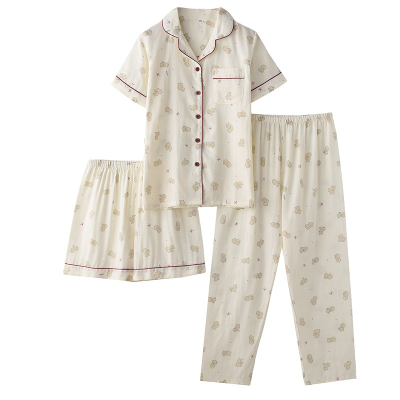 治愈卡通小狗睡衣女夏季纯棉纱布薄款短袖短裤长裤家居服三件套装,淘宝优惠券,粉丝福利购,淘宝优惠卷