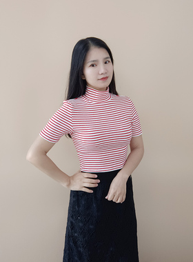 条纹小高领棉假领子套头半截中领