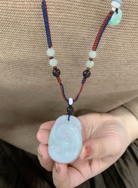 天然翡翠A货淡紫色飘淡绿春彩如意毛衣链项链纯手工创意编绳流苏