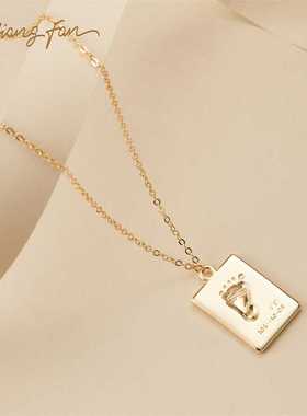 定制新生儿手脚印银项链纪念宝宝百日纪念婴儿可刻字方牌吊坠礼物