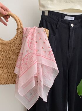 可爱蓝色小樱桃 韩版柔软棉麻丝巾头巾小方巾系脖春夏小围巾女