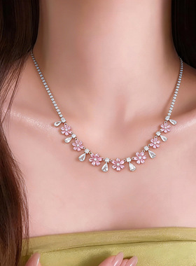 韩国甜美锆石花朵水滴项链