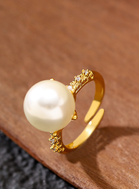 网红镶钻珍珠可调节开口戒指