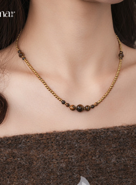 复古中古风几何形虎眼石串珠项链