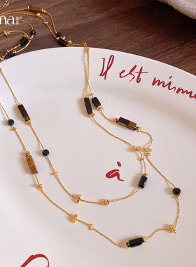 东大门气质长款虎眼石水晶项链