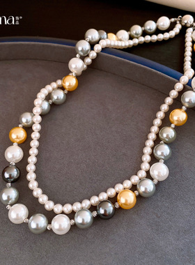 韩国气质彩色双层串珠珍珠项链