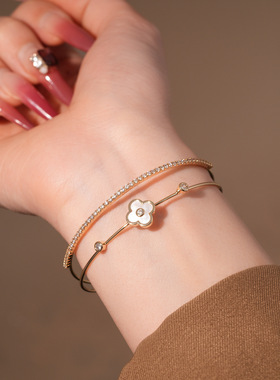 18k金电镀锆石贝母花朵开口手镯