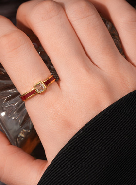 锆石滴油几何形开口戒指新年红色