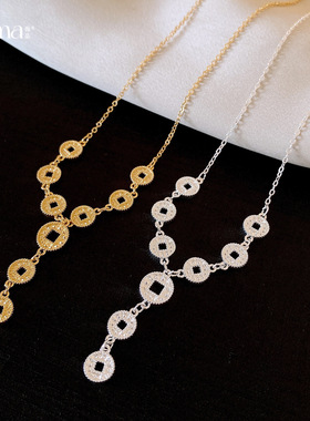 法式简约风圆形镂空铜钱流苏项链