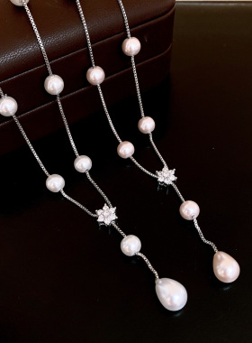 法式复古锆石花朵珍珠项链