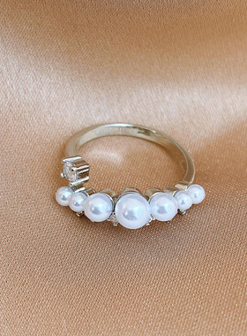 法式气质锆石串珠珍珠开口戒指